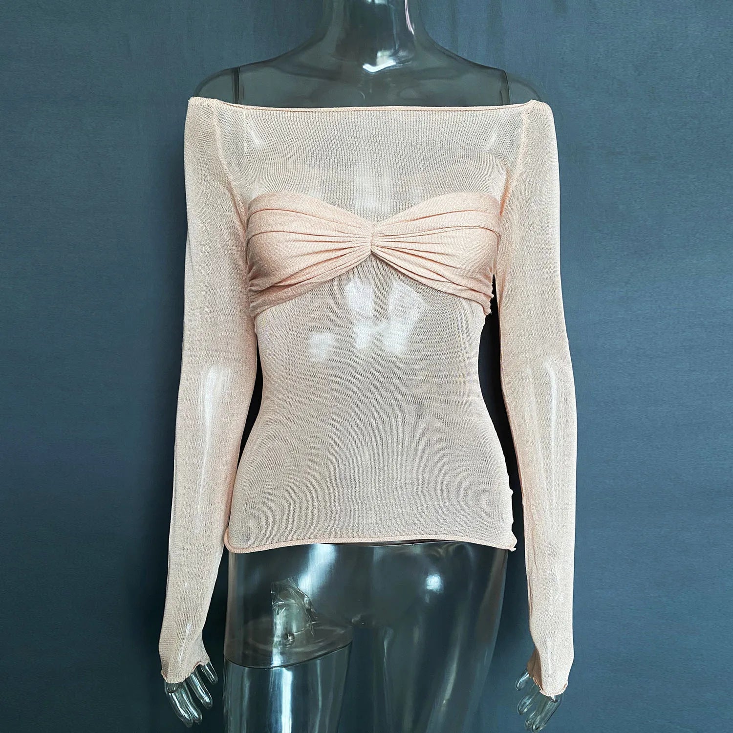 Glorol - See-Through Off-Shoulder Lace Long Sleeve Top