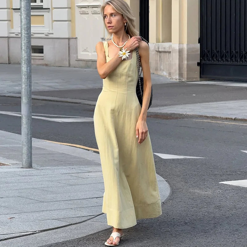 Glorol - Elegant Square Neck Backless High Waist Sleeveless Maxi Dress