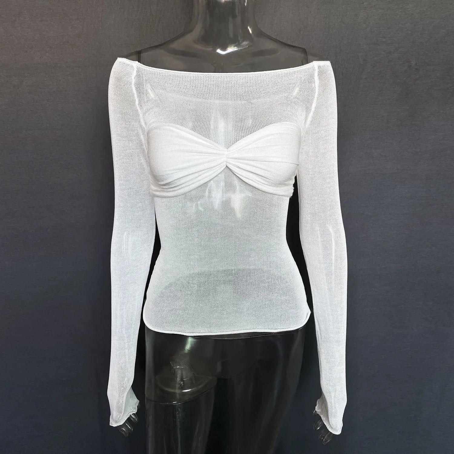 Glorol - See-Through Off-Shoulder Lace Long Sleeve Top