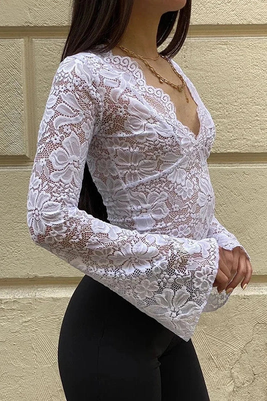 Glorol - Lace See-Through Deep V-Neck Long Sleeve Top