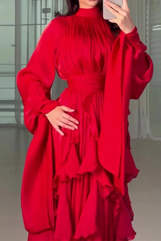 Glorol - Elegant Pleated High Collar Long Sleeve High Waist Maxi Dress