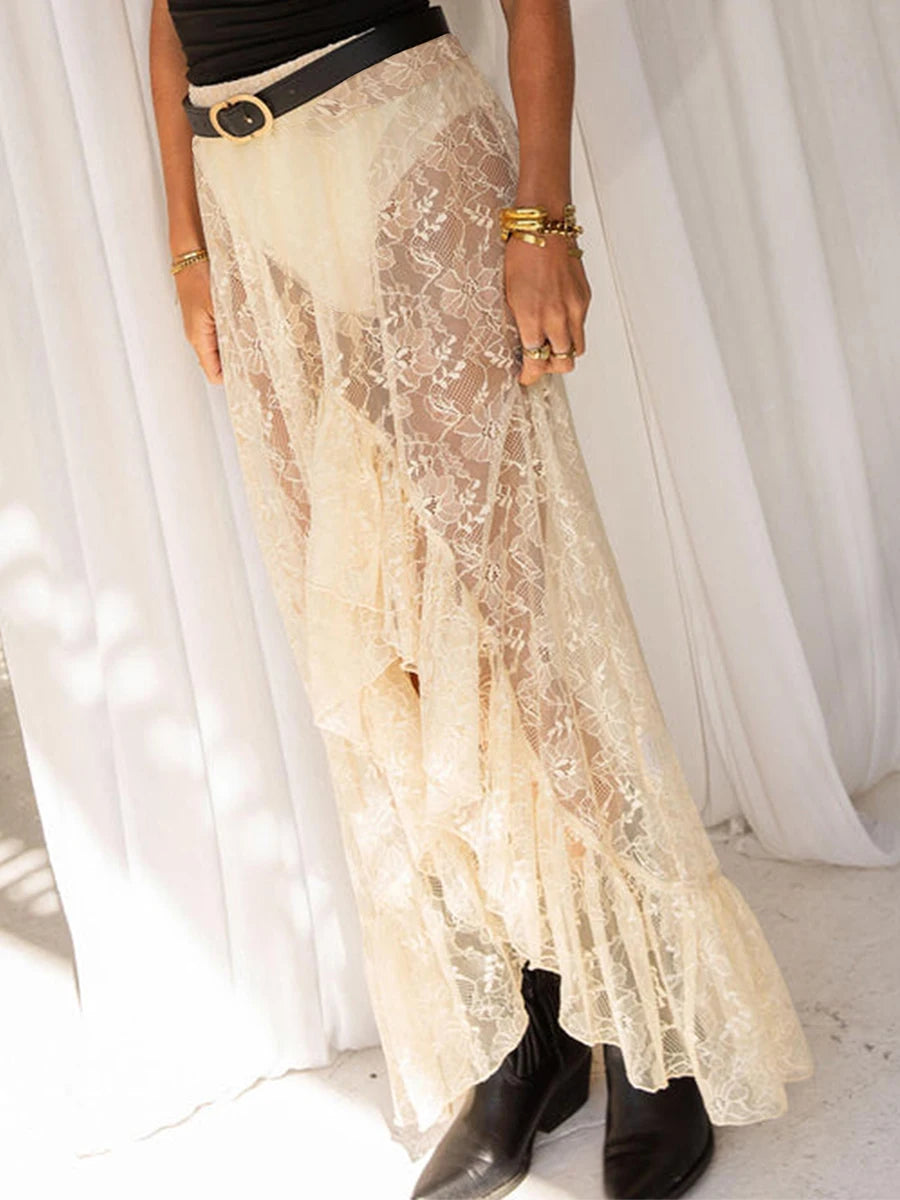 Glorol - High Waist See Through Lace Skirt