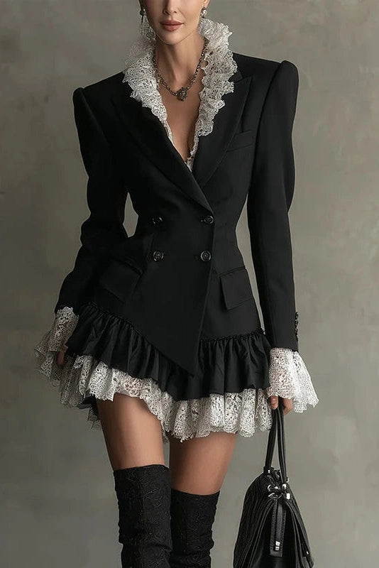 Glorol - Long Sleeve High Waist A-Line Pleated V-Neck Lace Mini Dress