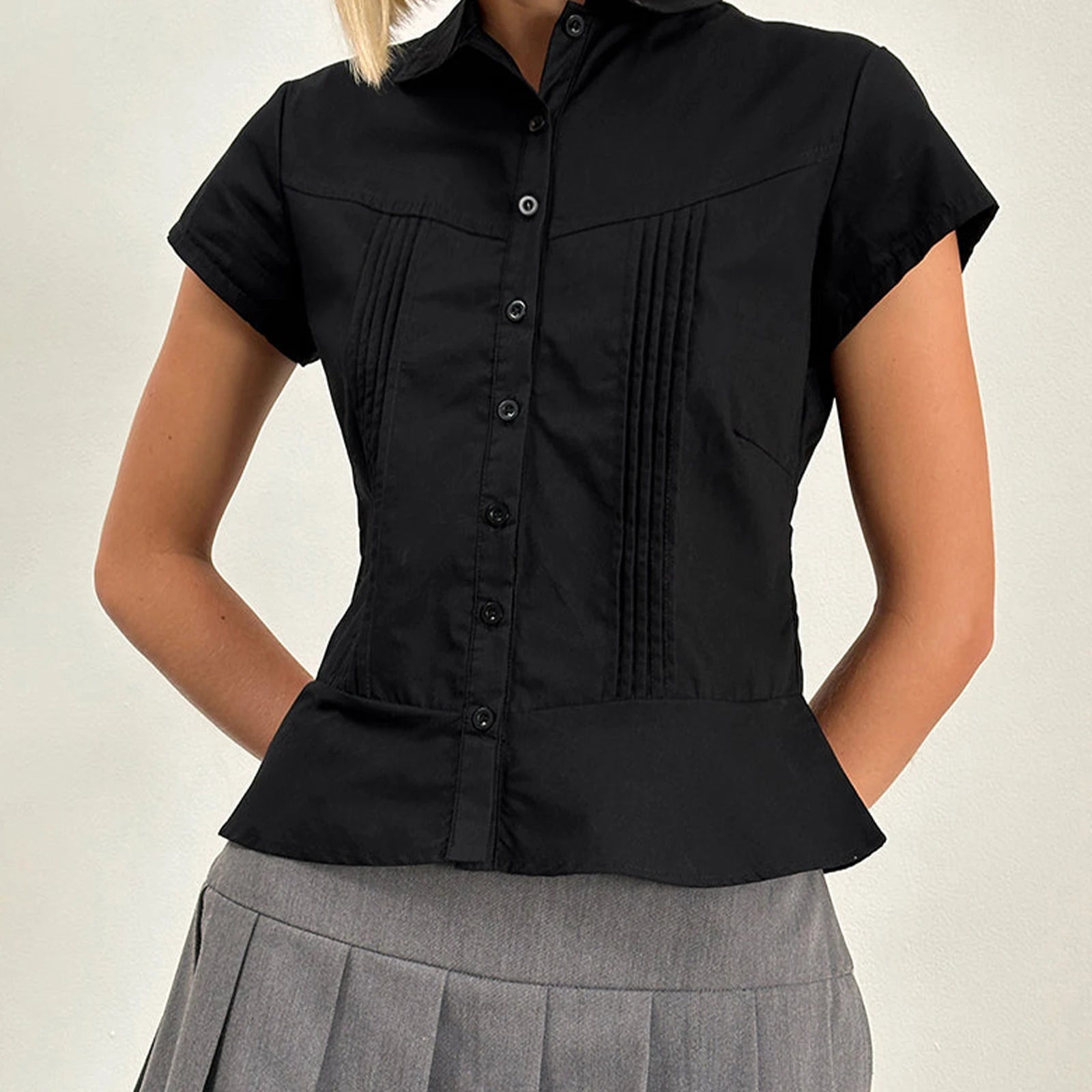 Glorol - Short Sleeve Button-Down Pleated Slim Fit Top