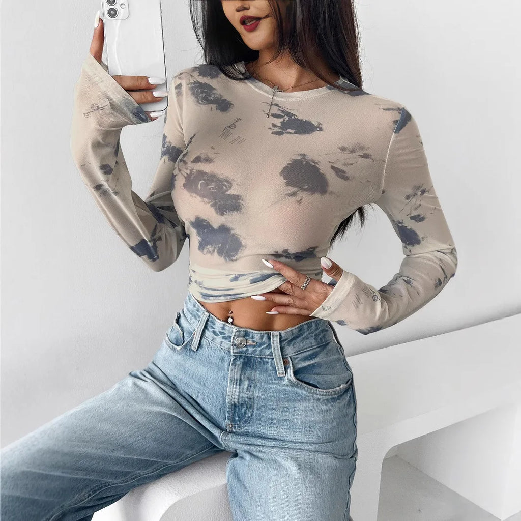 Glorol - Floral Mesh Print Pleated Round Neck Slim Top
