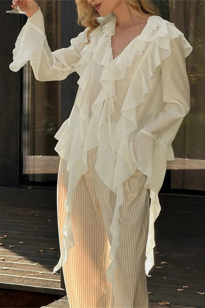 Glorol - See-Through Loose Patchwork V-Neck Top
