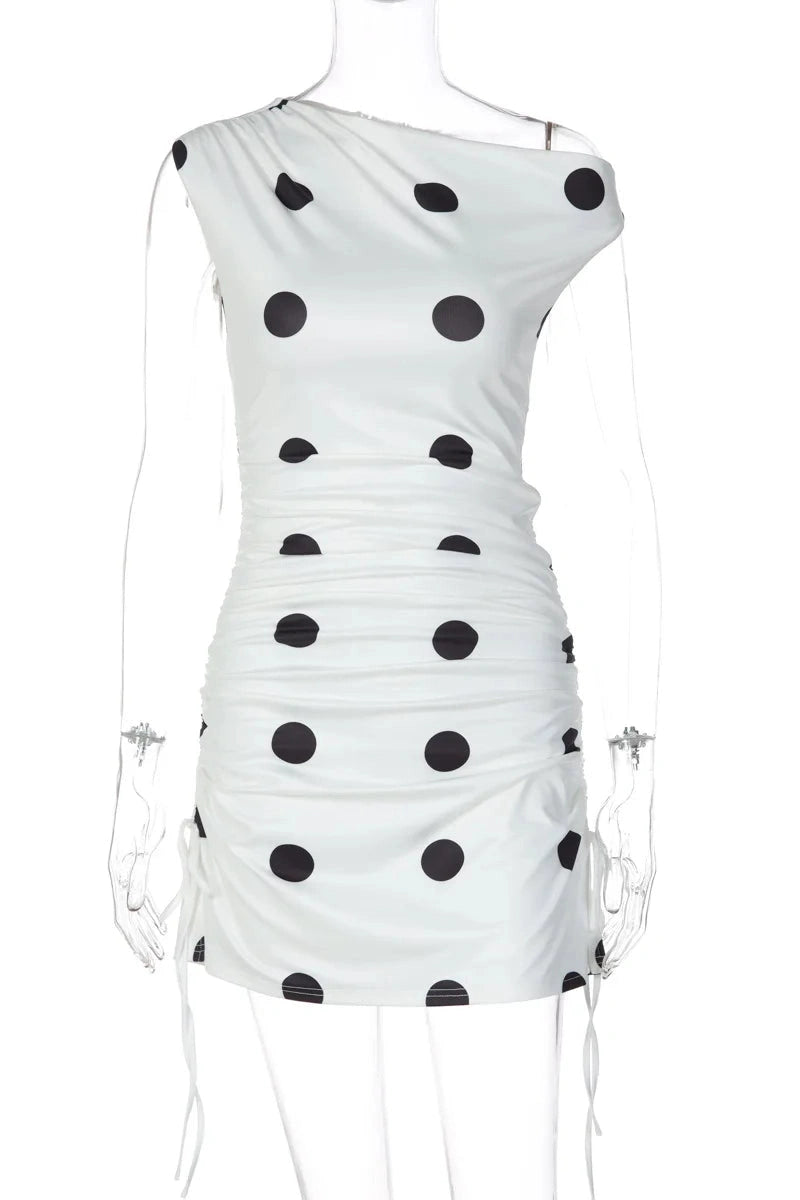 Glorol - Elegant Polka Dot Print Slim Lace-Up Mini Dress