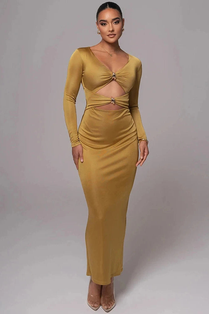 Glorol - Long Sleeve V Neck Back Split Bodycon Maxi Dress