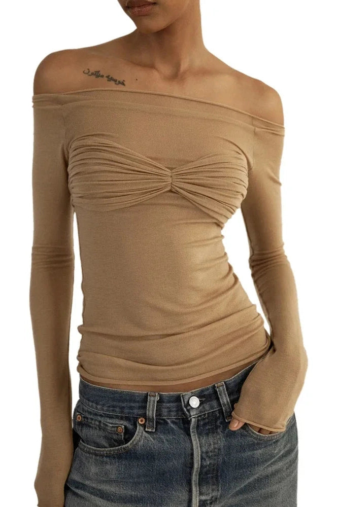 Glorol - Off-Shoulder Long Sleeve See-Through Lace Top