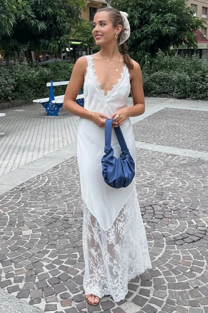 V-Neck Lace Patchwork Sleeveless Printed Slim Maxi Dress