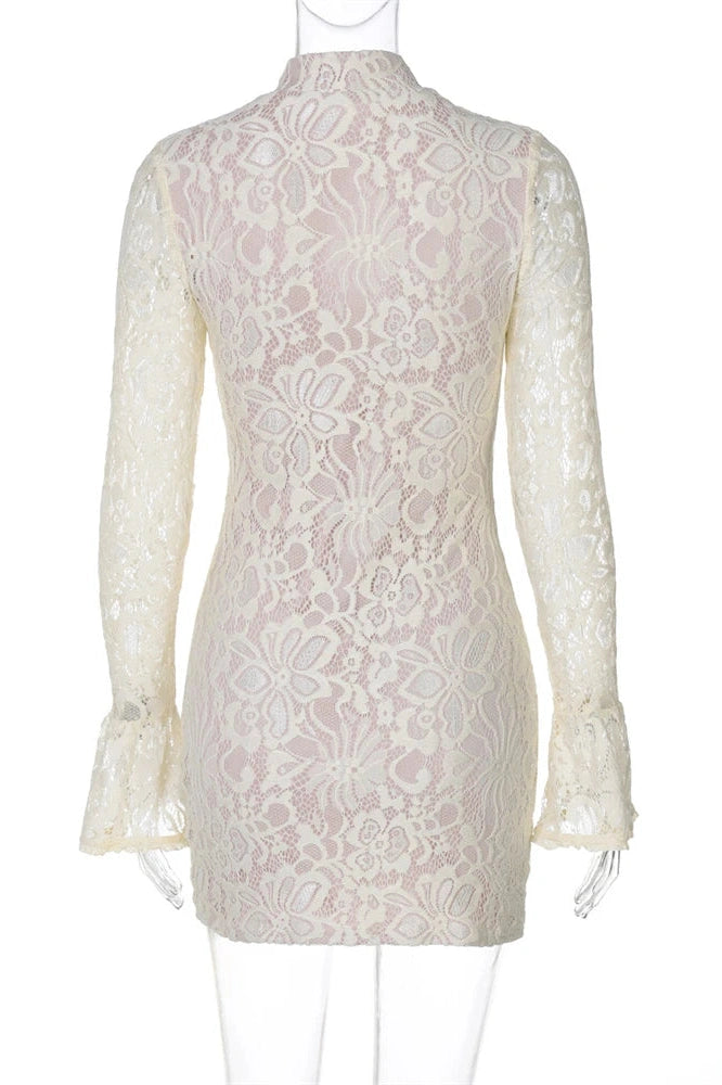 Glorol - Hollow Out Lace Printed V-Neck Slim Long Sleeve Mini Dress