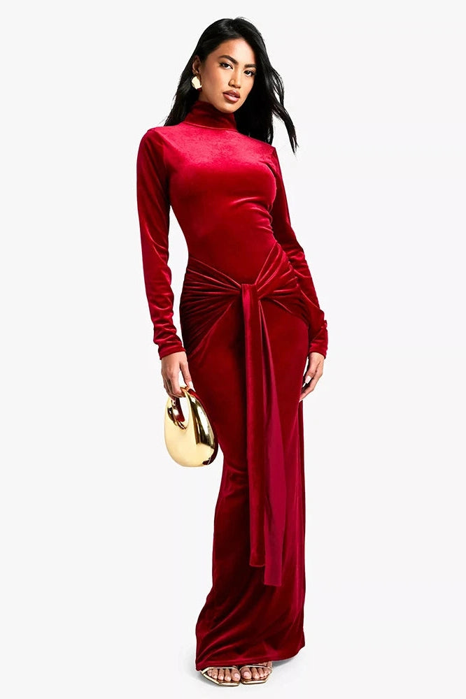 Glorol - Long Sleeve Turtleneck Bodycon Maxi Dress