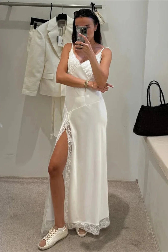 Glorol - Lace Printed V-Neck Slim Patchwork Bodycon Maxi Dress
