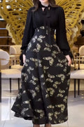 Glorol - Elegant High Waist Printed Long Sleeve Pleated Maxi Dress