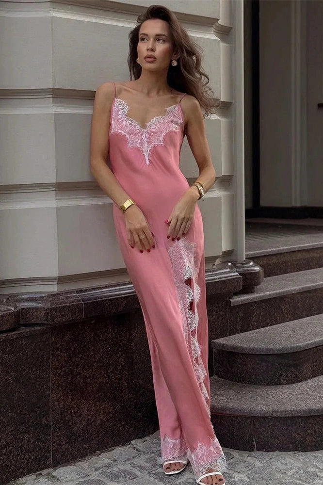 Glorol - Lace Printed V-Neck High Waist Slim Backless Maxi Dress