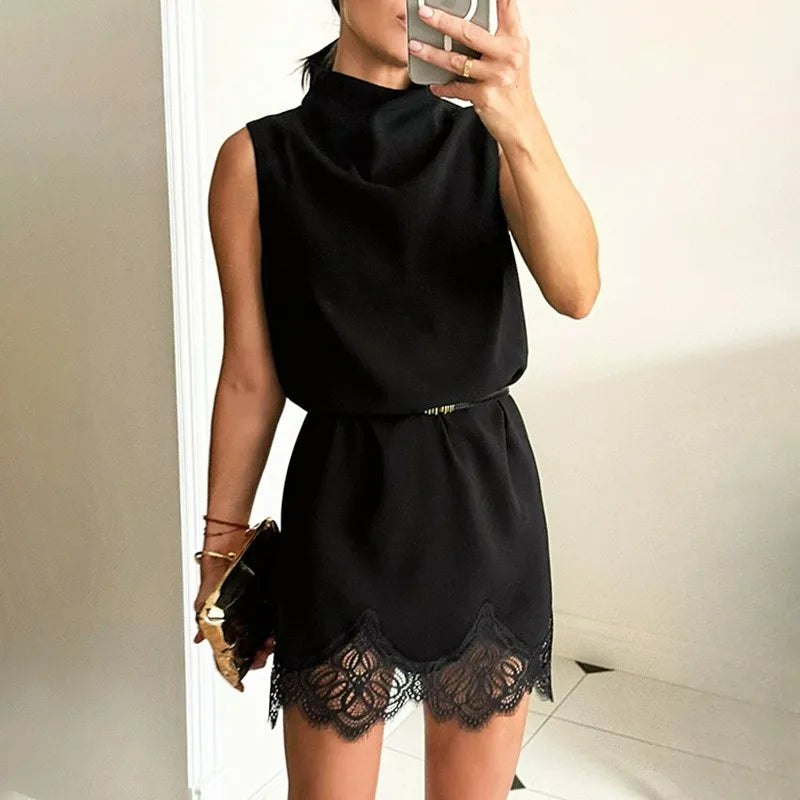 Glorol - Lace Patchwork Hollow Out Sleeveless Mini Dress