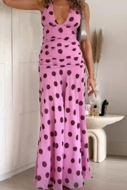 Glorol - Polka Dots Lace-Up Backless Sleeveless Maxi Dress