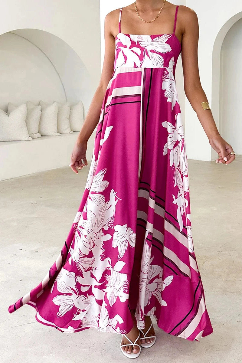 Glorol - Printed Spaghetti Strap Backless A-Line Maxi Dress
