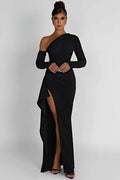 Glorol - Oblique Shoulder Long Sleeve Backless High Split Maxi Dress