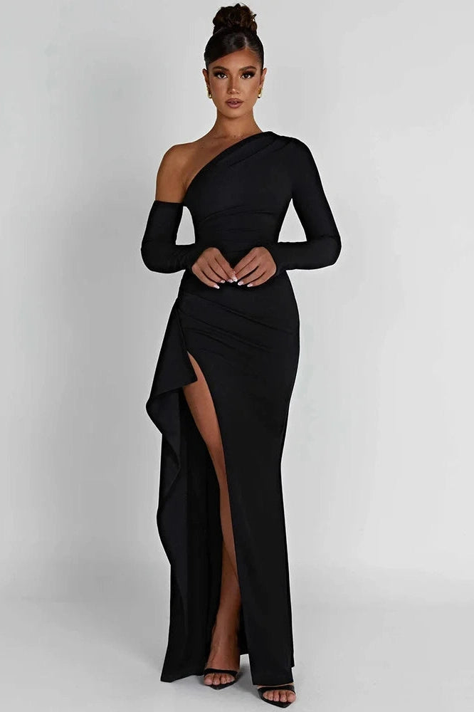 Glorol - Oblique Shoulder Long Sleeve Backless High Split Maxi Dress