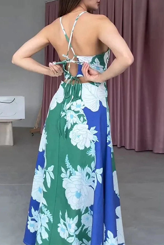 Glorol - Hollow Out Lace Up Backless Sleeveless Printed Maxi Dress