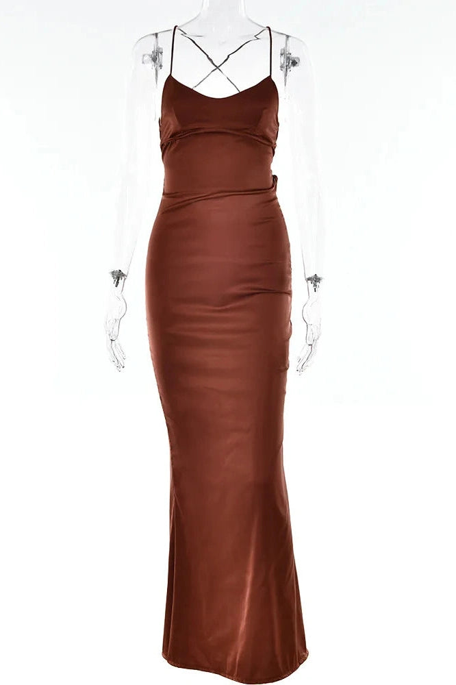 Glorol - Backless Spaghetti Strap Sleeveless Bodycon Maxi Dress