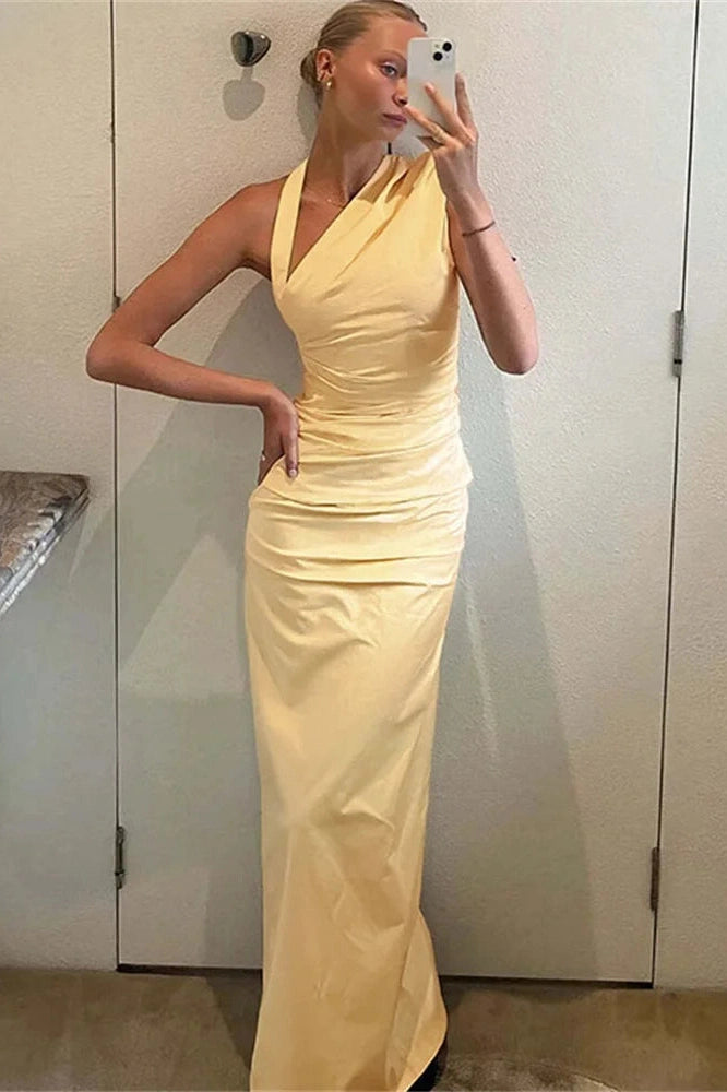 Glorol - Pleated High Waist Slim Backless Maxi Dress