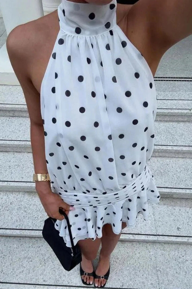 Glorol - Polka Dot Backless Turtleneck Off-Shoulder Sleeveless Mini Dress