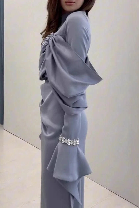 Glorol - Pleated Slim Long Sleeve High Waist Irregular Maxi Dress