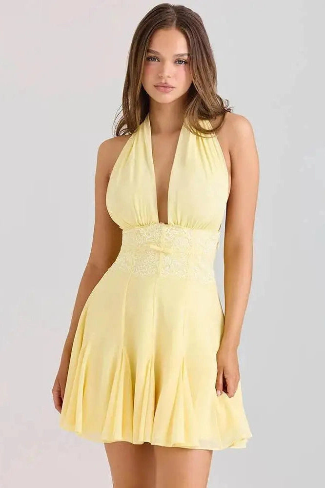 Glorol - Backless Lace V Neck Sleeveless High Waist A-line Mini Dress