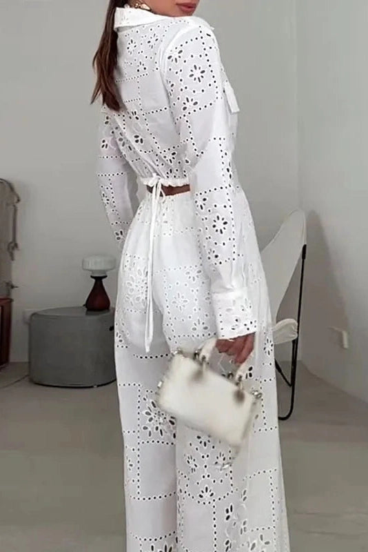 Glorol - High Waist Lace Hollow Out Wide Leg Jumpsuit