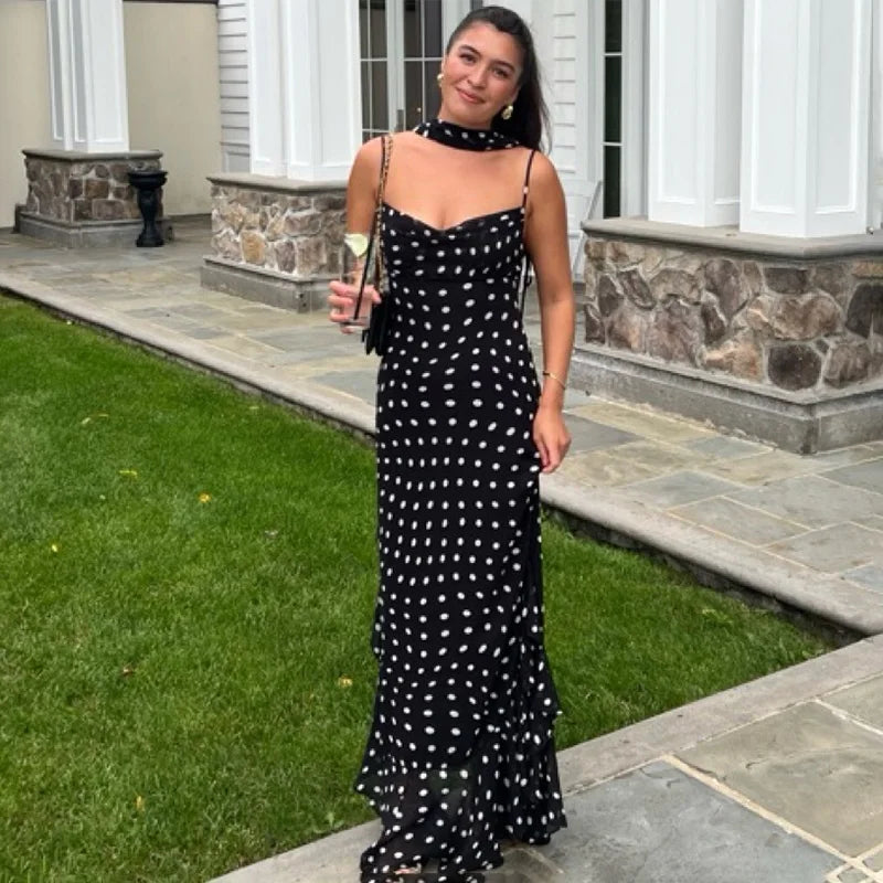 Glorol - Elegant Polka Dot Scarf Ribbon Pleated Maxi Dress