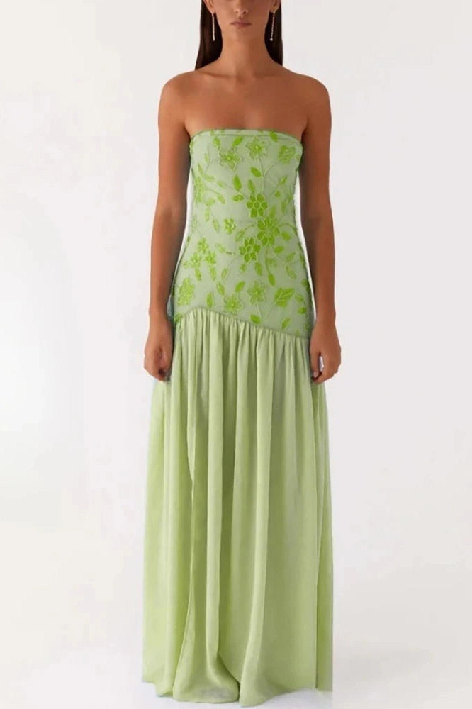Glorol - Off-Shoulder Split Print Strapless Backless Pleated Maxi Dress
