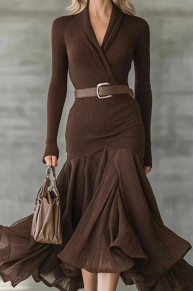 Glorol - Elegant Pleated V-Neck Long Sleeve Midi Dress
