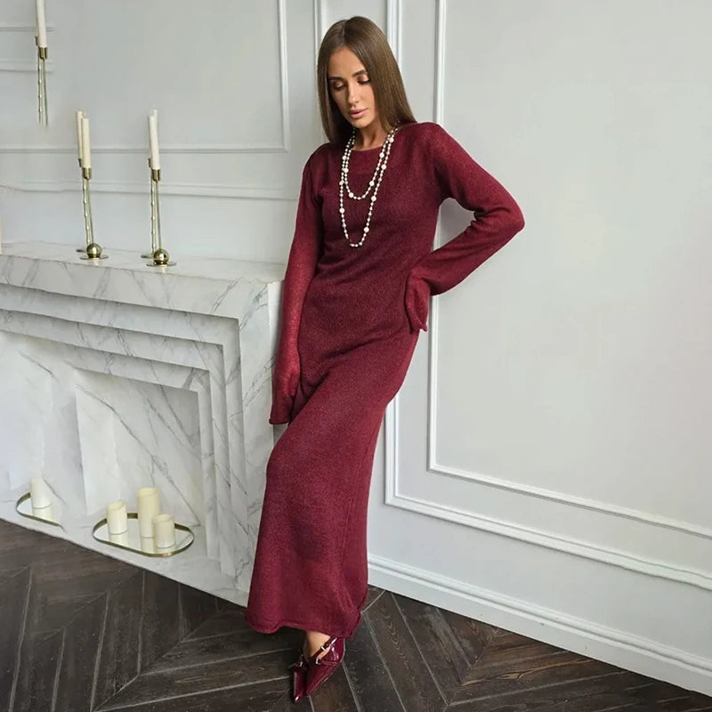 Glorol - See Through Loose Long Sleeve Knitted Maxi Dress
