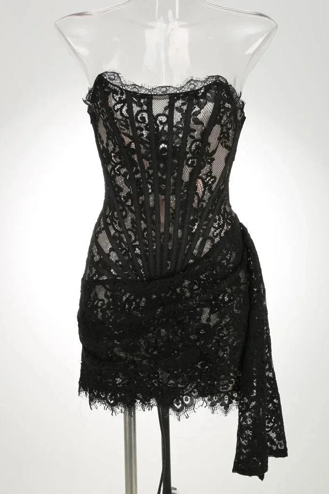 Glorol - Lace See-Through Patchwork Bodycon Irregular Mini Dress