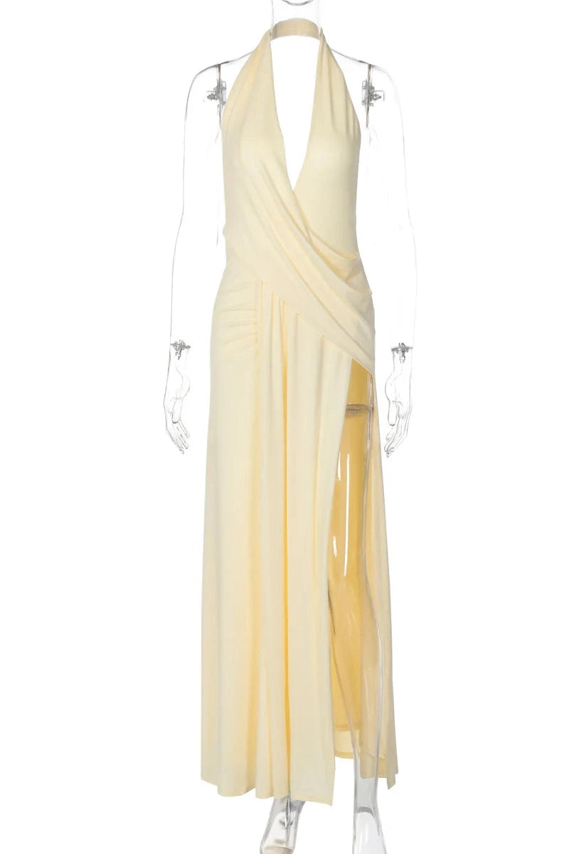 Glorol - Deep V Neck Backless Sleeveless High Waist Slit Irregular Maxi Dress