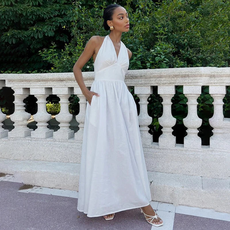 V Neck High Waist A-Line Maxi Dress