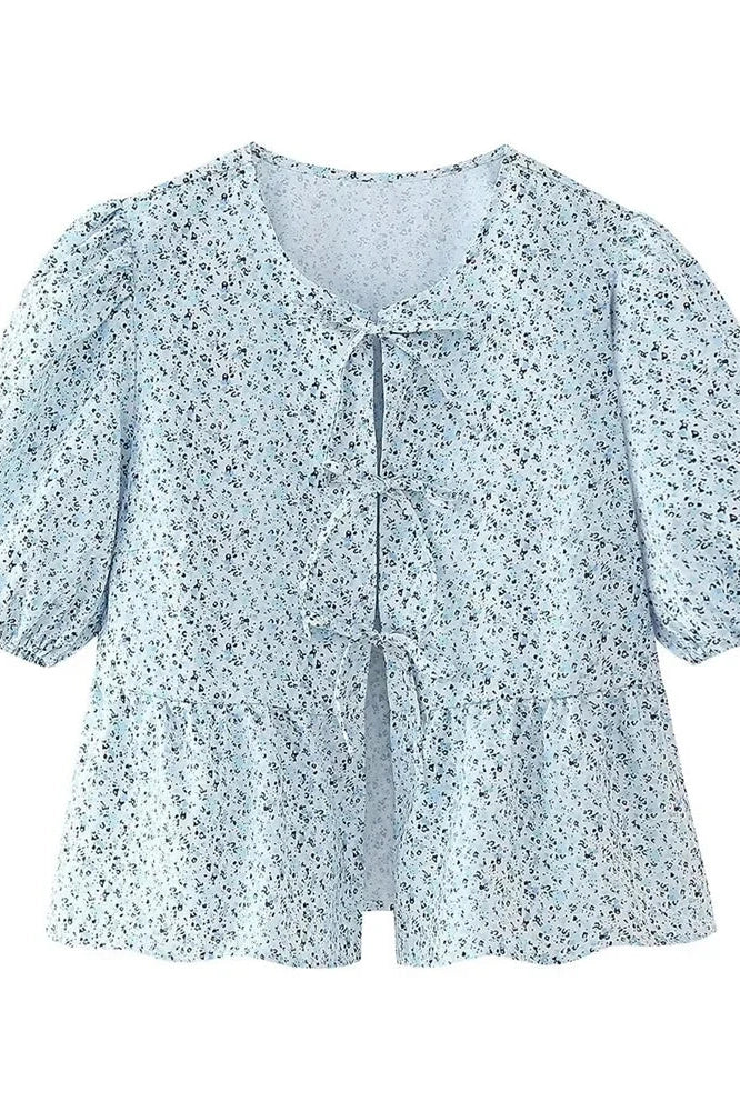 Glorol - Hollow Out Printed Short Sleeve Lace-Up Slim Top