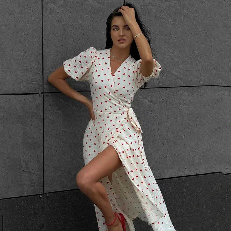Glorol - Printed V Neck High Waist Lace Up Midi Dress
