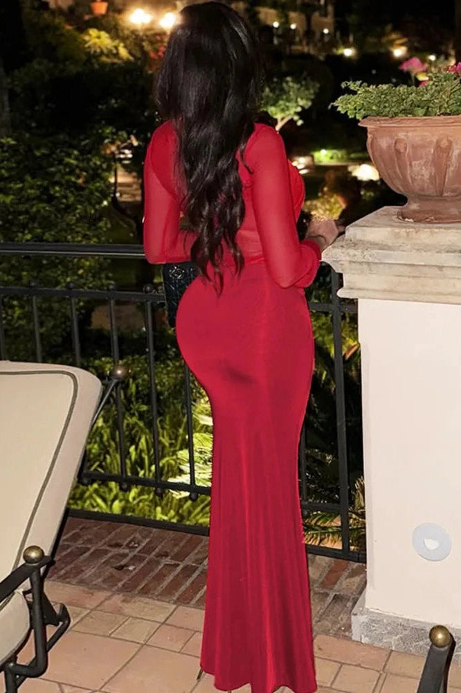 Glorol - Hollow Out Long Sleeve O Neck Bodycon Maxi Dress