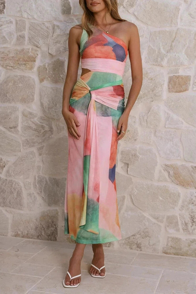Glorol - Hollow Out Sleeveless Slim High Waist Printed Maxi Dress