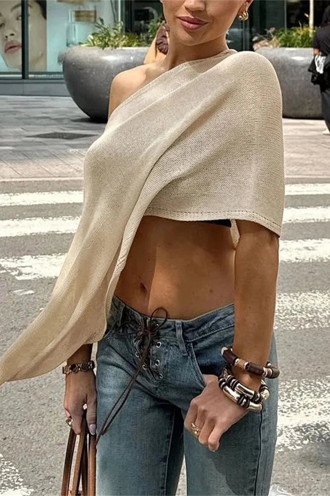 Glorol - See-Through One-Shoulder Patchwork High Waist Top