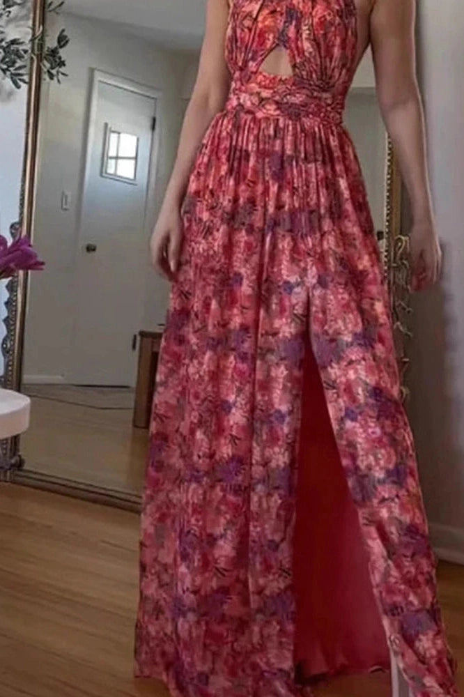 Glorol - Hollow Out Sleeveless High Waist Pleated Printed Maxi Dress