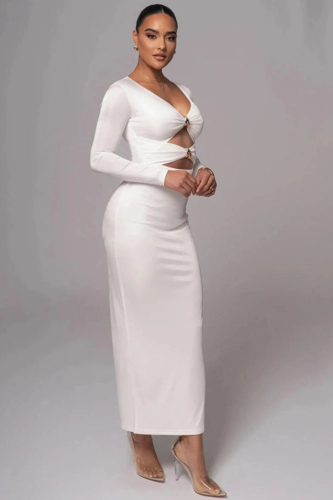Glorol - Long Sleeve V Neck Back Split Bodycon Maxi Dress