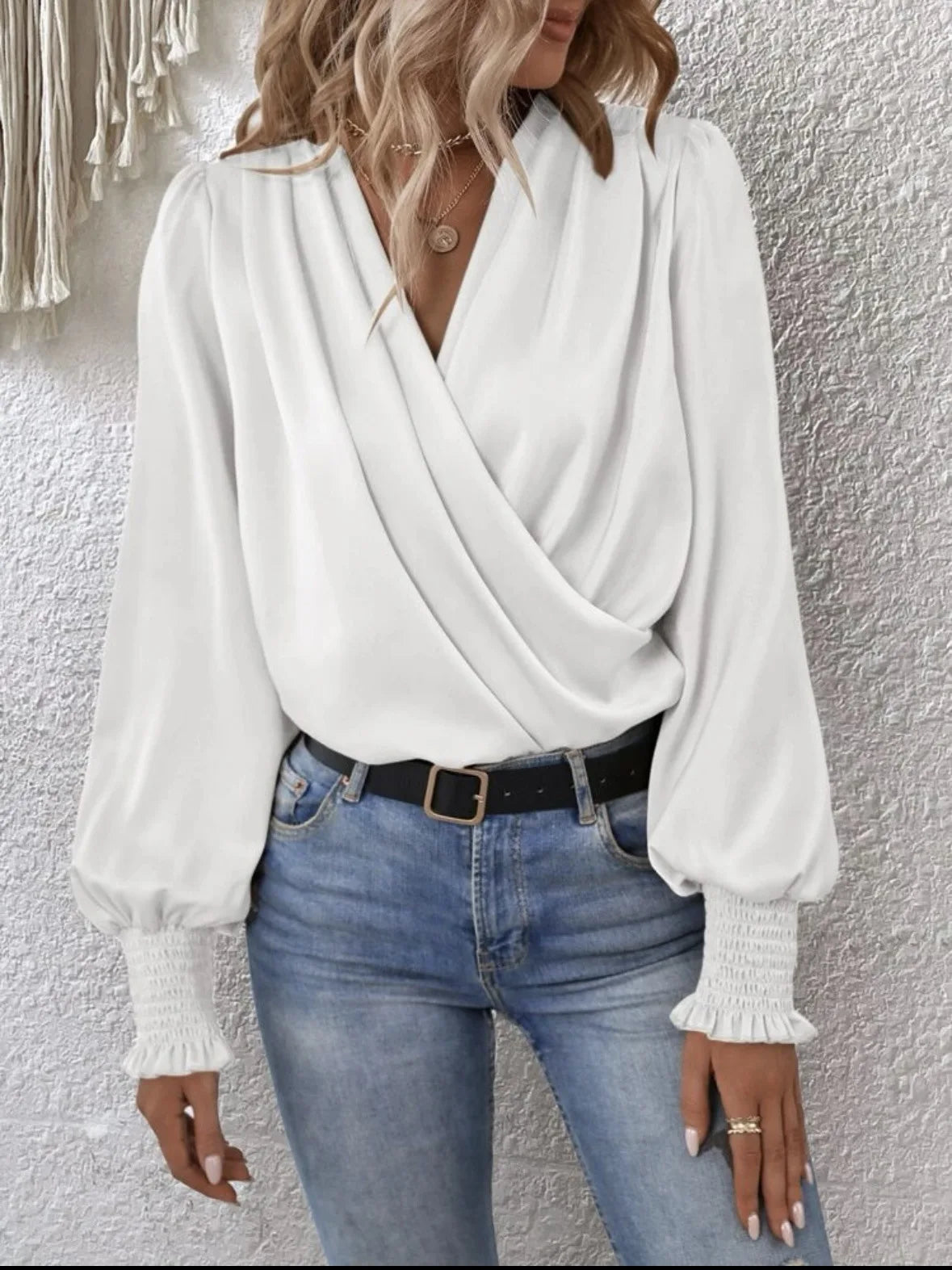 Glorol - Elegant V-Neck Lantern Sleeve Top