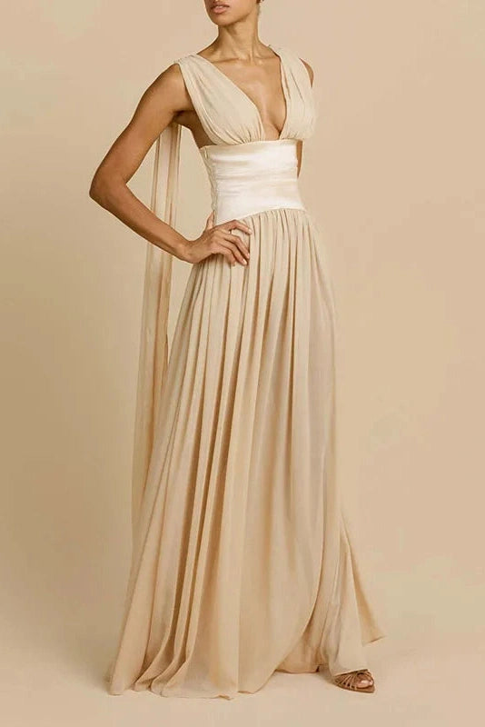 Glorol - Sleeveless V-Neck High Waist Pleated Maxi Dress