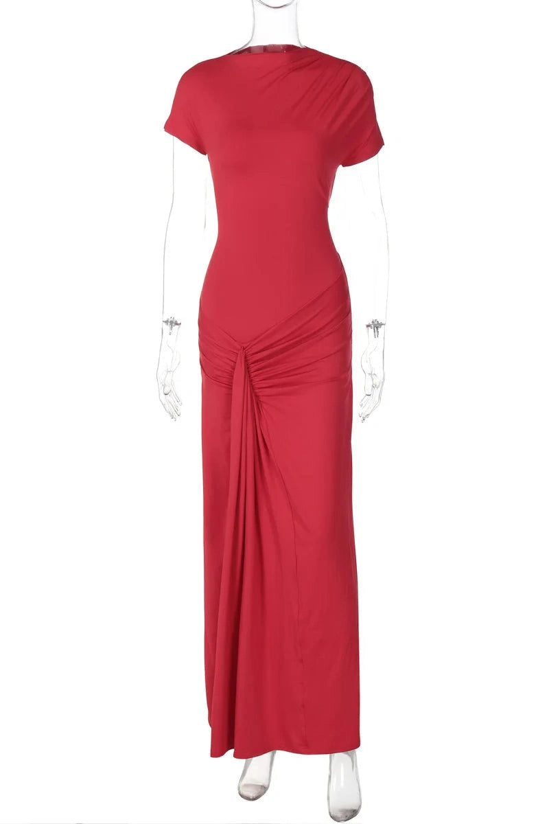 Glorol - Elegant Slim Pleated Lace Up Short Sleeve Maxi Dress