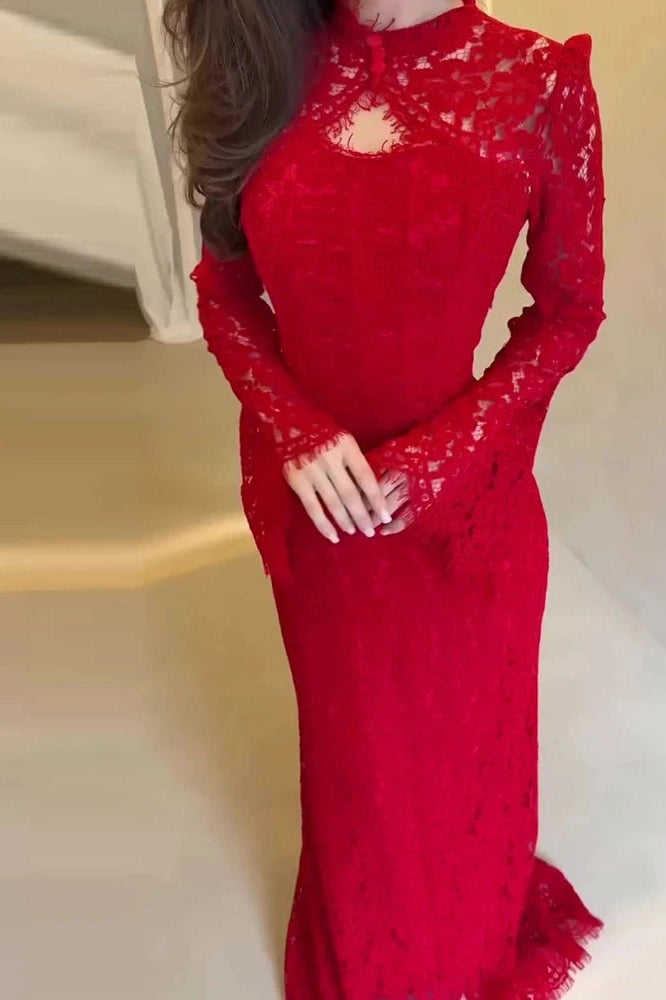 Glorol - Elegant Slim High Waist Lace Embroidery Maxi Dress