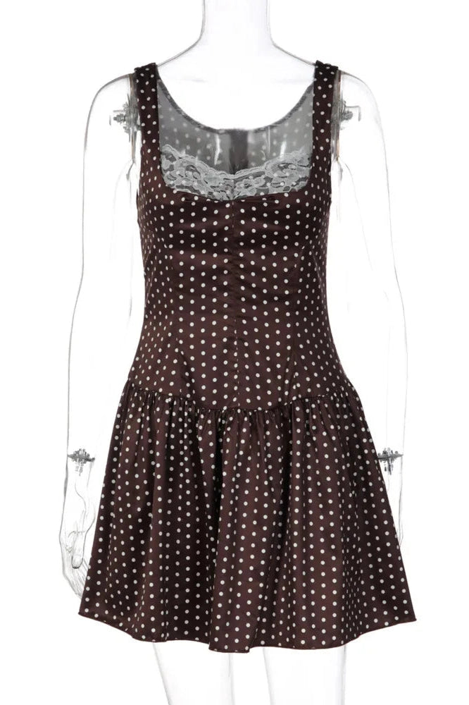 Glorol - Lace Patchwork Spaghetti Strap Sleeveless High Waist Mini Dress